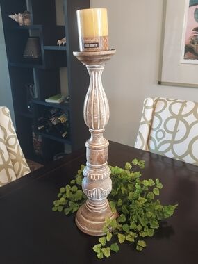 Pier 1 Whitewashed Mango Wood Candlestick: Hand Carved. 21.5"